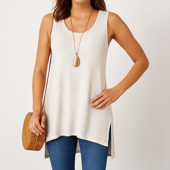 Soft Surroundings Womens Tank Top Large Ivory Ribbed Asymmetrical Soft Tunic - Picture 1 of 8